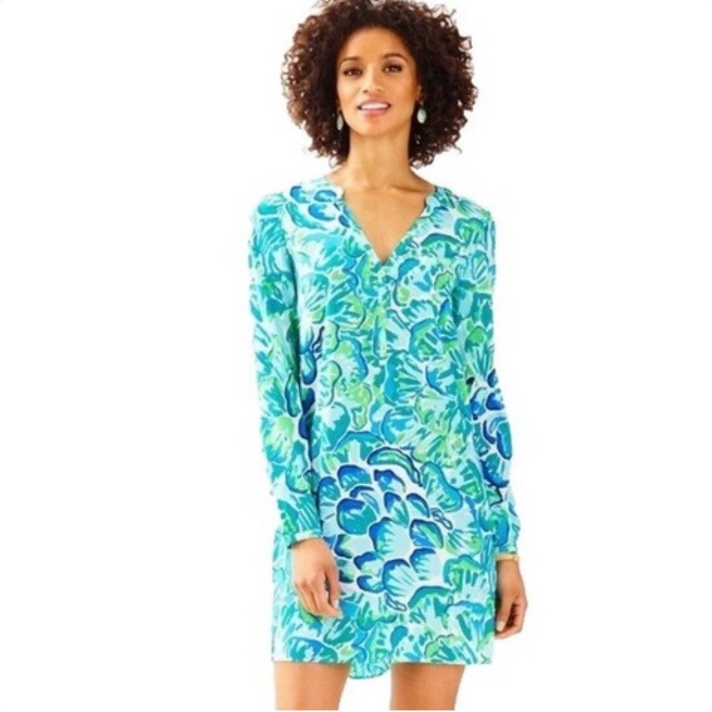 Lilly Pulitzer Art of‎ the Bloom Silk Shift Dress Blue Green Floral Size L 25077